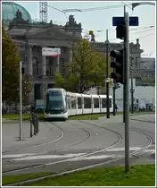 A Citadis tram is running on the Place de la R�publique in Strasbourg on October 30th, 2011.