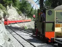 2 ft gauge steam engine  Liseli  (Jung No 1693, built 1911) in service on the high alpin panoramic railway of  Parc d'Attractions du Chatelard (VS)  in Switzerland.
In the crossing station No 1. A electric regular train is comming from the station  Les Montuires  on it's way to the dam. 27 July 2005
