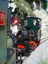 2 ft gauge steam engine  Liseli  (Jung No 1693, built 1911) in service on the high alpin panoramic railway of  Parc d'Attractions du Chatelard (VS)  in Switzerland. During the  first international 2ft high alpine steam engine meeting  leaving station No1 in direction the station  Les Montuires . Double heater between  Liseli  and before it, the engine  Maerkische Lokomotivfabrik  (company later gone to  O&K ) No 173 from 1896. Photo was occasionally taken from the loco cabin. 30 July 2005