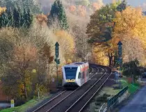 GTW 2 / 6 of the Hellertalbahn (Heller Valley Railway), on 05.11.2011 at Betzdorf / win here just before the end station.