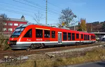Diesel multiple units 648 702 / 648 202 (Alstom Coradia LINT 41) of the three country-railway, as RB 95 (Dillenburg-Siegen-Au/Sieg). Here on 13.11.2011 just before the entrance to the station Betzdorf / Sieg.