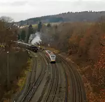 Stadler GTW 2/6 of the Hellertalbahn (Heller Valley Railway) is set off from the station on 26.11.2011 W�rgendorf towards Dillenburg. Back of the station is the W�rgendorf Betzdorfer 52 8134-0, this goes back towards Dillenburg later, when the line becomes free.