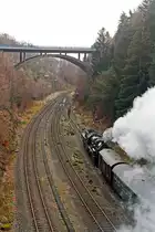 The Betzdorfer 52 8134-0 on the 26.11.2011 as Santa Claus Train, from Dillenburg to W�rgendorf and return. Here she has left the station Burbach-W�rgendorf, ahead of tender,  back towards Dillenburg.