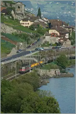 La Re 4/4 II 11266 et une autre avec un train de marchandises près de St-Saphorin.